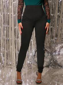 SHEIN Maternity Wide Waistband Sequin Panel Adjustable Waist Leggings - Black - View 4