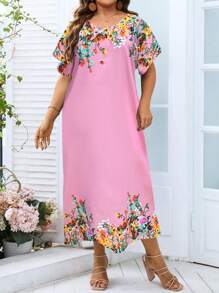 SHEIN LUNE 大碼印花蝙蝠袖直筒連衣裙 - 粉色 - 查看 3