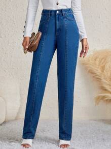 SHEIN Tall Seam Detail Straight Leg Jeans - Medium Wash - View 5