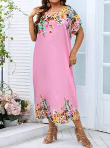 SHEIN LUNE 大碼印花蝙蝠袖直筒連衣裙 - 粉色 - 查看 4