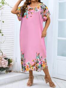 SHEIN LUNE 大碼印花蝙蝠袖直筒連衣裙 - 粉色 - 查看 5