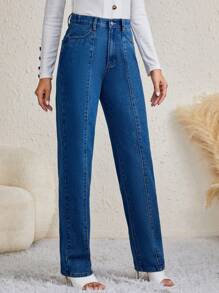 SHEIN Tall Seam Detail Straight Leg Jeans - Medium Wash - View 6
