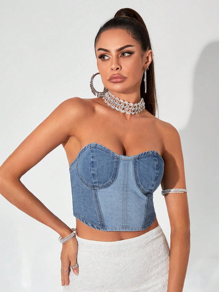 SHEIN BAE 雙色緊身上衣抹胸牛仔上衣 - 藍色 - 查看 1