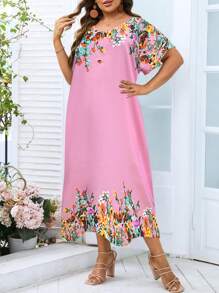 SHEIN LUNE 大碼印花蝙蝠袖直筒連衣裙 - 粉色 - 查看 6