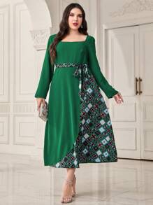 Modelyn Plus Geo Print Square Neck Belted Dress - Green - View 1