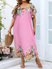 SHEIN LUNE 大碼印花蝙蝠袖直筒連衣裙 - 粉色 - 查看 7