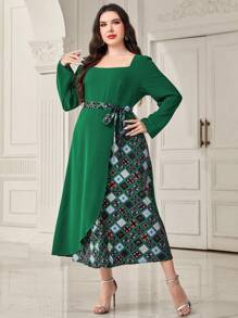 Modelyn Plus Geo Print Square Neck Belted Dress - Green - View 3