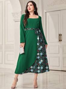 Modelyn Plus Geo Print Square Neck Belted Dress - Green - View 4