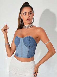 SHEIN BAE 雙色緊身上衣抹胸牛仔上衣 - 藍色 - 查看 4