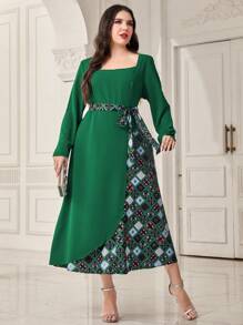 Modelyn Plus Geo Print Square Neck Belted Dress - Green - View 5