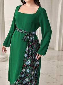 Modelyn Plus Geo Print Square Neck Belted Dress - Green - View 6