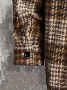 Manfinity VCAY Áo khoác ngoài trễ vai họa tiết kẻ caro rộng rãi, không có áo phông - Màu Khaki - Xem 4