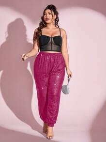 SHEIN Essnce 大碼彈性腰帶亮片長褲 - 玫紅色 - 查看 5