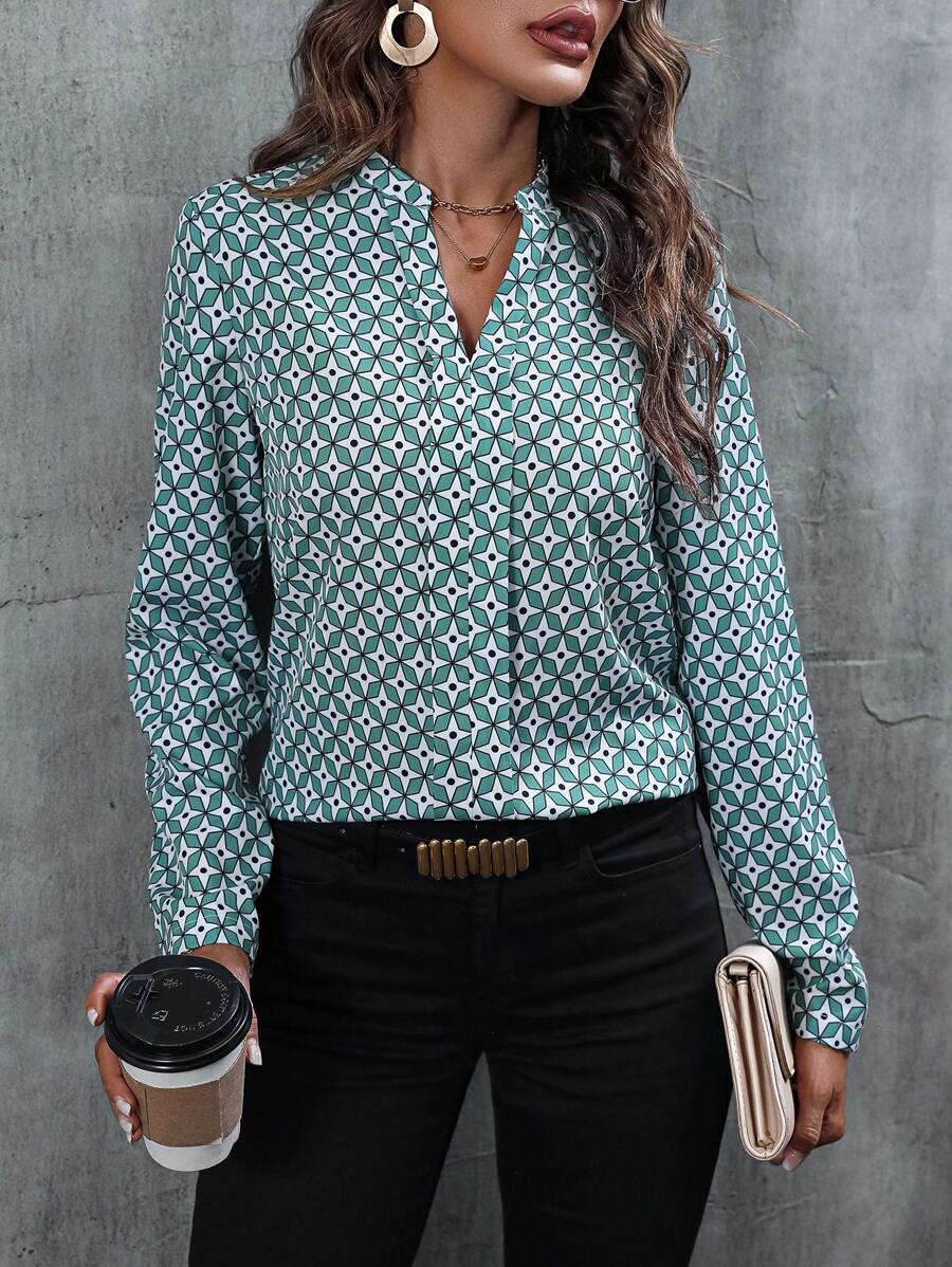 SHEIN Clasi Allover Print Notched Neckline Blouse - Green - View 1