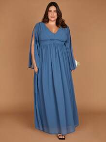 SHEIN Belle Plus 1pc Split Sleeve Maxi Chiffon Dress - Blue - View 1