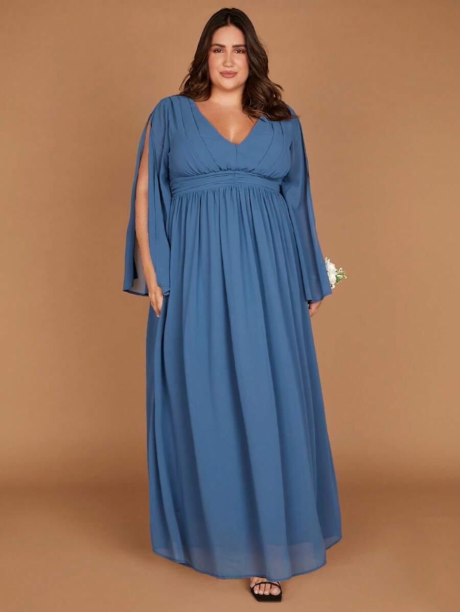 SHEIN Belle Plus 1pc Split Sleeve Maxi Chiffon Dress - Blue - View 1