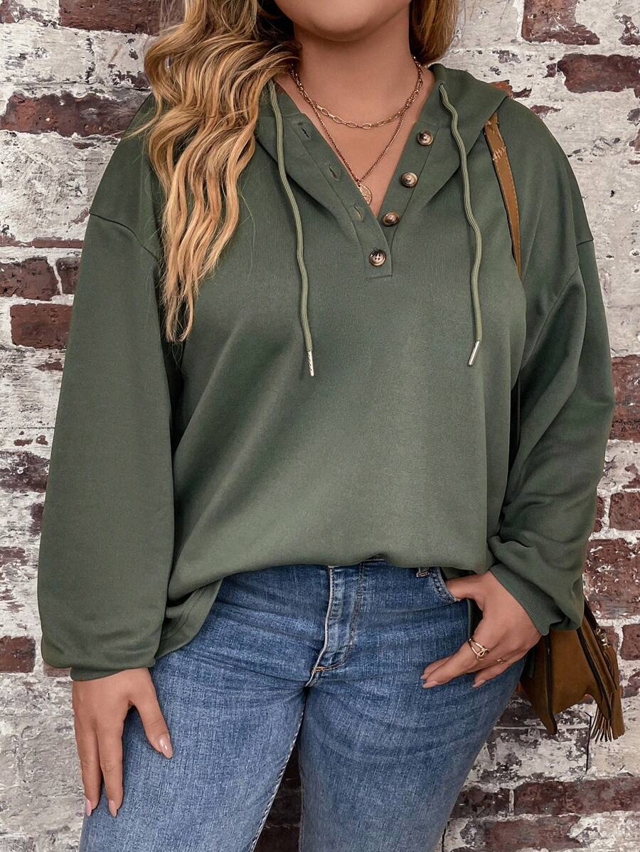 SHEIN LUNE Áo nỉ cỡ lớn cài nửa nút, vai rớt, dây rút - Màu xanh lá cây đậm - Xem 1