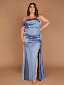 SHEIN Belle Plus 1pc Asymmetrical Neck Split Thigh Satin Dress - Blue - View 2