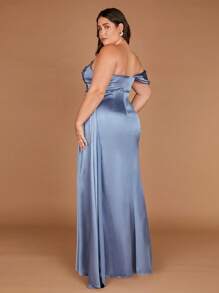 SHEIN Belle Plus 1pc Asymmetrical Neck Split Thigh Satin Dress - Blue - View 3