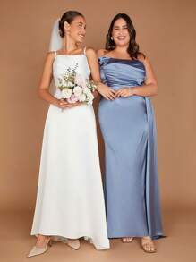 SHEIN Belle Plus 1pc Asymmetrical Neck Split Thigh Satin Dress - Blue - View 5