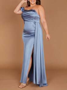 SHEIN Belle Plus 1pc Asymmetrical Neck Split Thigh Satin Dress - Blue - View 6
