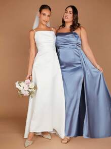 SHEIN Belle Plus 1pc Asymmetrical Neck Split Thigh Satin Dress - Blue - View 7