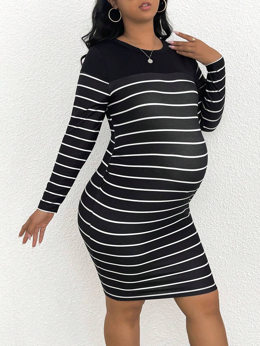 SHEIN Maternidade Plus Impressão Listrada Vestido Bodycon - Preto - Ver 1