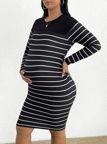SHEIN Maternidade Plus Impressão Listrada Vestido Bodycon - Preto - Ver 3