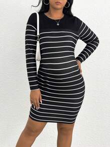 SHEIN Maternidade Plus Impressão Listrada Vestido Bodycon - Preto - Ver 5