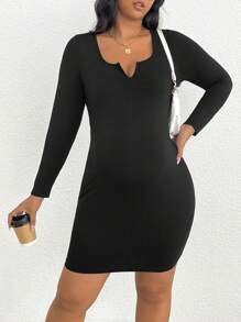 SHEIN Maternity Plus Notched Neckline Bodycon Dress - Black - View 1