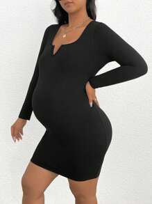 SHEIN Maternity Plus Notched Neckline Bodycon Dress - Black - View 4