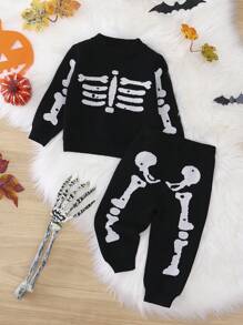 Baby Girl Skeleton Pattern Jumper & Knit Trousers - Black - View 1
