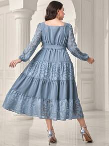 Modelyn 大碼花卉圖案提花燈籠袖荷葉邊繫腰帶洋裝 - 霧霾藍 - 查看 2