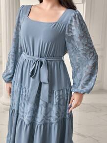 Modelyn 大碼花卉圖案提花燈籠袖荷葉邊繫腰帶洋裝 - 霧霾藍 - 查看 6