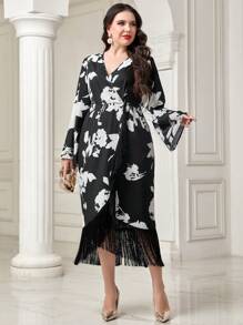 Modelyn Hơn In hoa tay áo lá sen Fringe Hem Đầm - màu đen - Xem 1