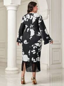 Modelyn Hơn In hoa tay áo lá sen Fringe Hem Đầm - màu đen - Xem 2