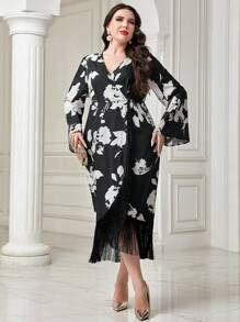 Modelyn Hơn In hoa tay áo lá sen Fringe Hem Đầm - màu đen - Xem 3