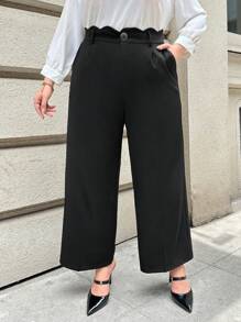 SHEIN Privé 大碼貝殼邊闊腿褲 - 黑色 - 查看 1