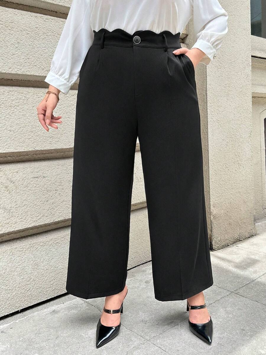 SHEIN Privé 大碼貝殼邊闊腿褲 - 黑色 - 查看 1
