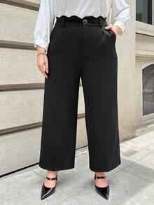 SHEIN Privé 大碼貝殼邊闊腿褲 - 黑色 - 查看 4