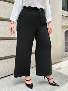 SHEIN Privé 大碼貝殼邊闊腿褲 - 黑色 - 查看 5