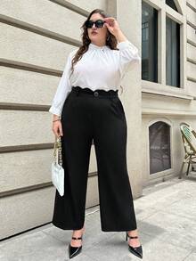 SHEIN Privé 大碼貝殼邊闊腿褲 - 黑色 - 查看 6