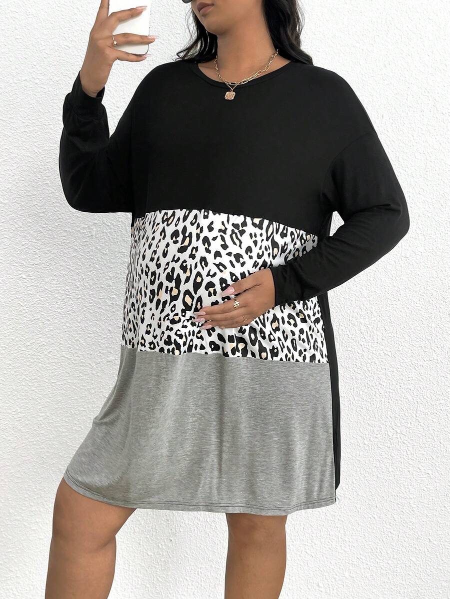 SHEIN Thai sản Hơn In hoa Báo Khối màu Thả vai Đầm - Nhiều màu - Xem 1