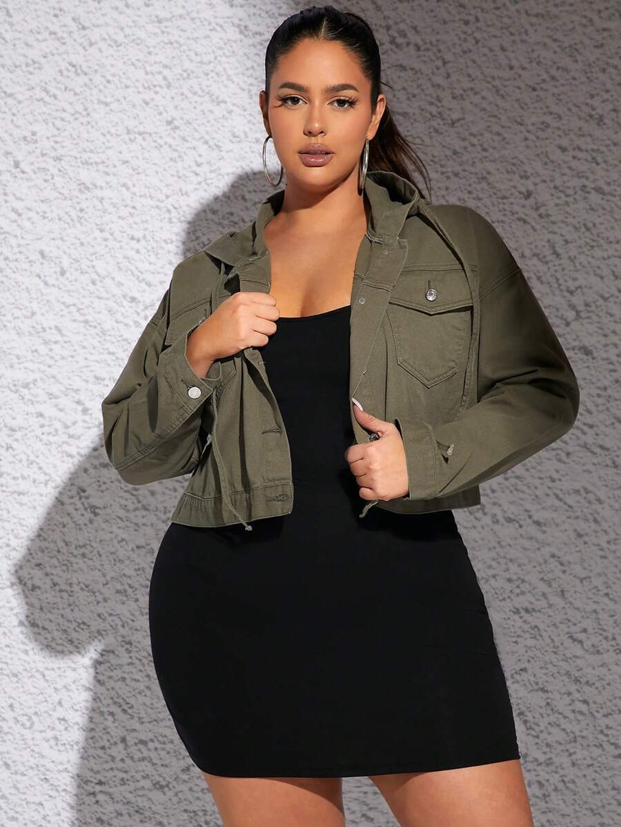 SHEIN SXY 带盖口袋抽绳连帽牛仔夹克 - 軍綠色 - 查看 1