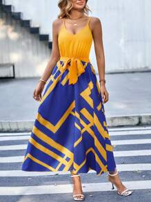VaVaBold Geo Print Belted Cami Dress - Yellow - View 1