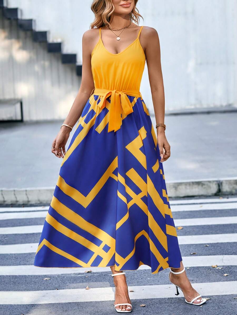 VaVaBold Geo Print Belted Cami Dress - Yellow - View 1
