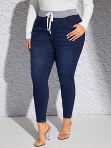 SHEIN SXY Plus Drawstring Waist Skinny Jeans - Dark Wash - View 1
