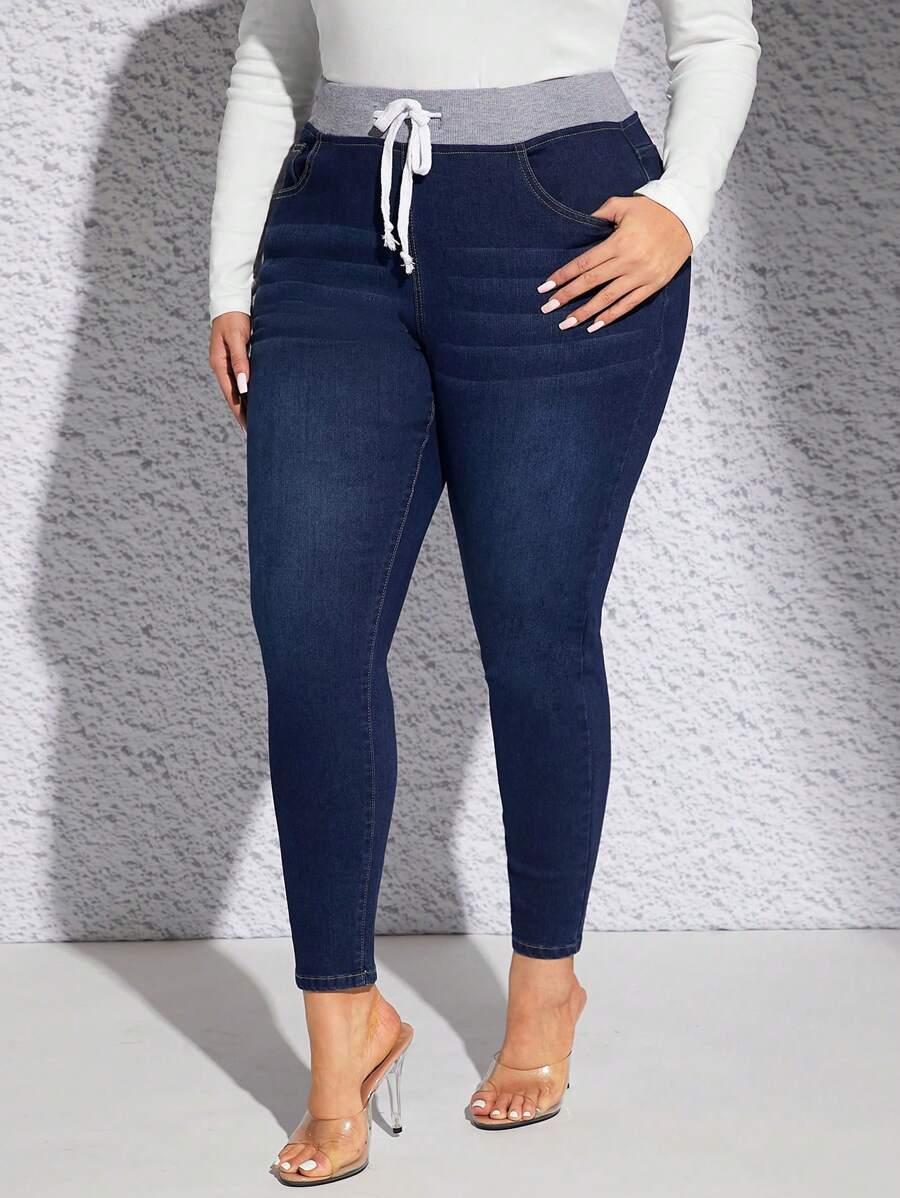 SHEIN SXY Plus Drawstring Waist Skinny Jeans - Dark Wash - View 1