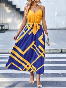 VaVaBold Geo Print Belted Cami Dress - Yellow - View 4