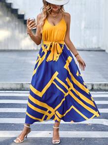VaVaBold Geo Print Belted Cami Dress - Yellow - View 6